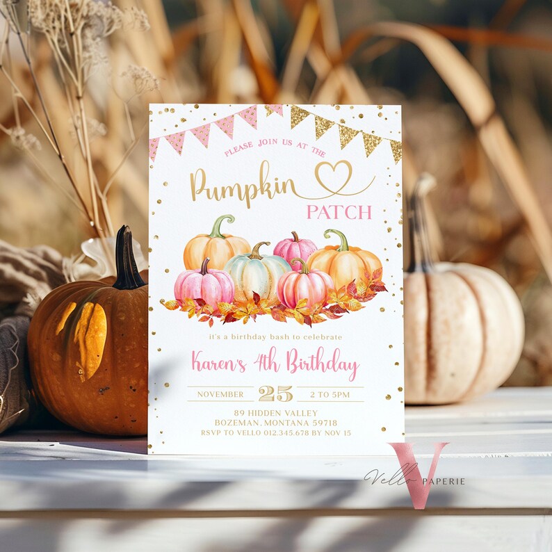 May include: A pink and gold invitation card with a pumpkin patch theme. It says "Please join us at the Pumpkin Patch" and "Karen's 4th Birthday".