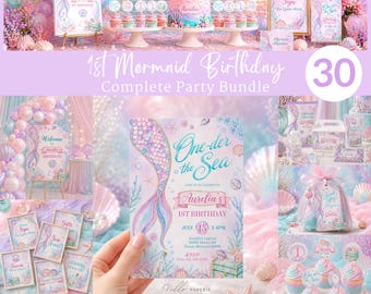 One-der the Sea Mermaid 1st Birthday COMPLETE Party Bundle, Editable Canva Birthday Decor and Favor Template, 11-Piece Set  MD01