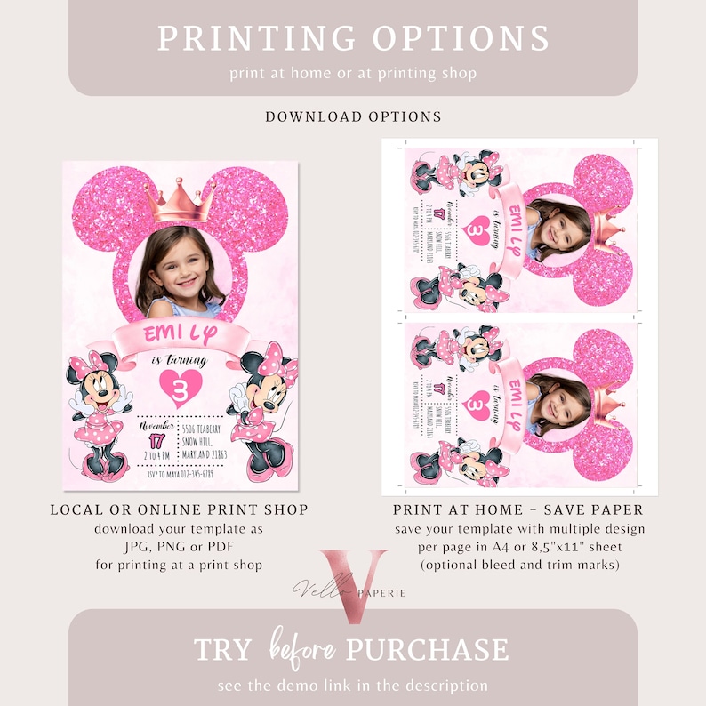 Photo Pink Minnie Birthday Invitation | Editable Printable Glitter ...