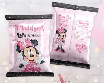 Self Editable Any Age Minnie Mouse Birthday Party Favors, Black Pink Minnie Party Chip Bag, Water Bottle Label, Caprisun, Thankyou Tag MMB01