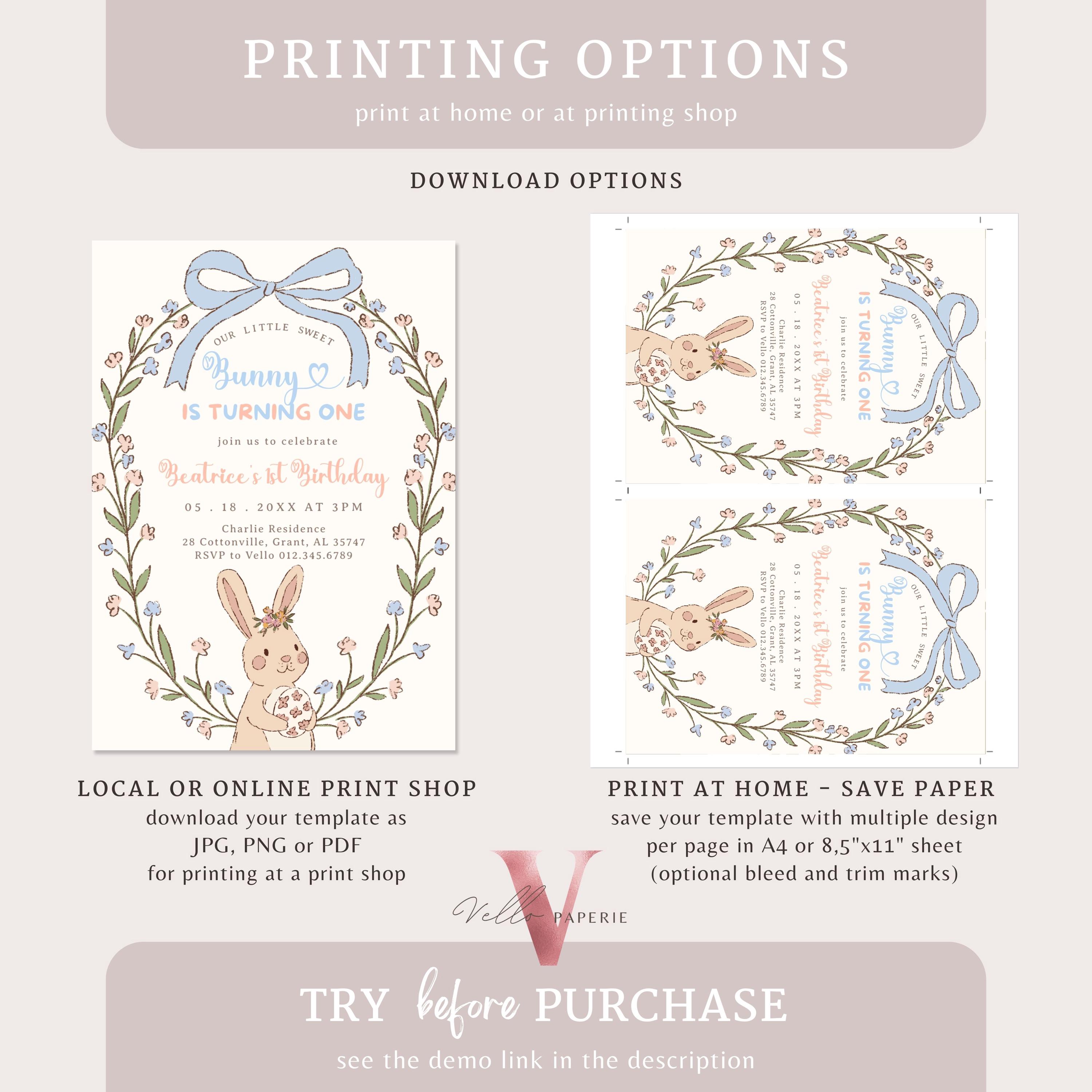 Floral Bunny Birthday Invitation | Handdrawn Rabbit Birthday Party ...