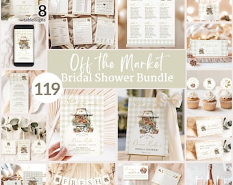 She&#39;s Off the Market Bridal Shower Party COMPLETE Bundle | Farmers Market Bridal Shower Invitation Set | Flower Fruit Store Watercolor FOB04