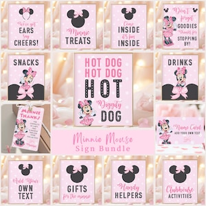 Editable Any Age Minnie Mouse Birthday Table Sign SET | Light Pink Polkadot Minnie Party Decor Sign | Kid Minnie Pink Birthday Sign  MMB01