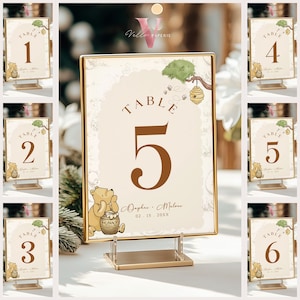Numero da tavolo per baby shower o compleanno Winnie the Pooh classico modificabile / Toile de Juoy beige stampabile, cartello da tavolo Little Hunny Decor WTP01