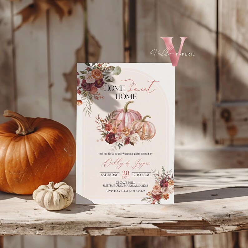 Autumn Floral House Warming Invitation | FALL Boho Pumpkin Home Sweet ...