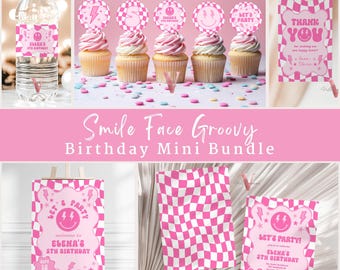 Pink Smile Face Groovy Birthday Bundle | Editable Retro Happy Face | Emoji Face Lighting Bolt Smile Party Decor, Invite, Cupcake, Sign PSG01