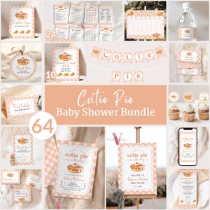 May include: A pink and white gingham baby shower bundle with a pie theme. The bundle includes invitations, thank you cards, food labels, table signs, games, and decorations. The text "Cutie Pie Baby Shower Bundle" is featured on the image.