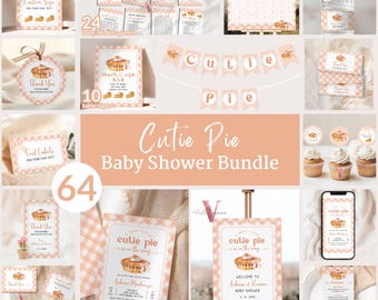 May include: A pink and white gingham baby shower bundle with a pie theme. The bundle includes invitations, thank you cards, food labels, table signs, games, and decorations. The text "Cutie Pie Baby Shower Bundle" is featured on the image.