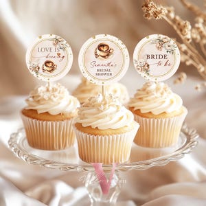 Love is Brewing Bridal Shower Cupcake Toppers | Coffee Bride Shower Round Label | Autumn Brunch Wedding Shower, Bridal Cake Decor LIB01