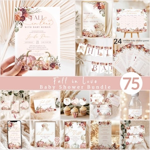 May include: A collection of baby shower stationery with a fall theme. The designs feature pumpkins, floral arrangements, and the text "Fall in Love with Baby Rowan." Includes invitations, games, signs, and cupcake toppers. The color palette includes shades of pink, burgundy, and cream.