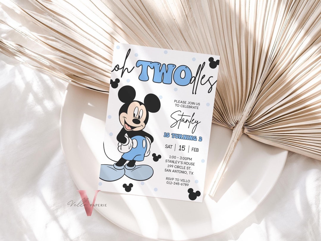 Modern Oh Twodles Mickey Mouse Birthday Invitation | White Black Blue ...