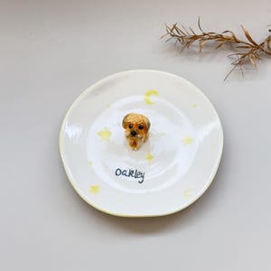 Peut inclure: Une assiette en c&eacute;ramique blanche avec une figurine de chien d&eacute;taill&eacute;e au centre. L'assiette est orn&eacute;e d'&eacute;toiles jaunes et d'un croissant de lune. Le nom "Oakley" est &eacute;crit en script noir.