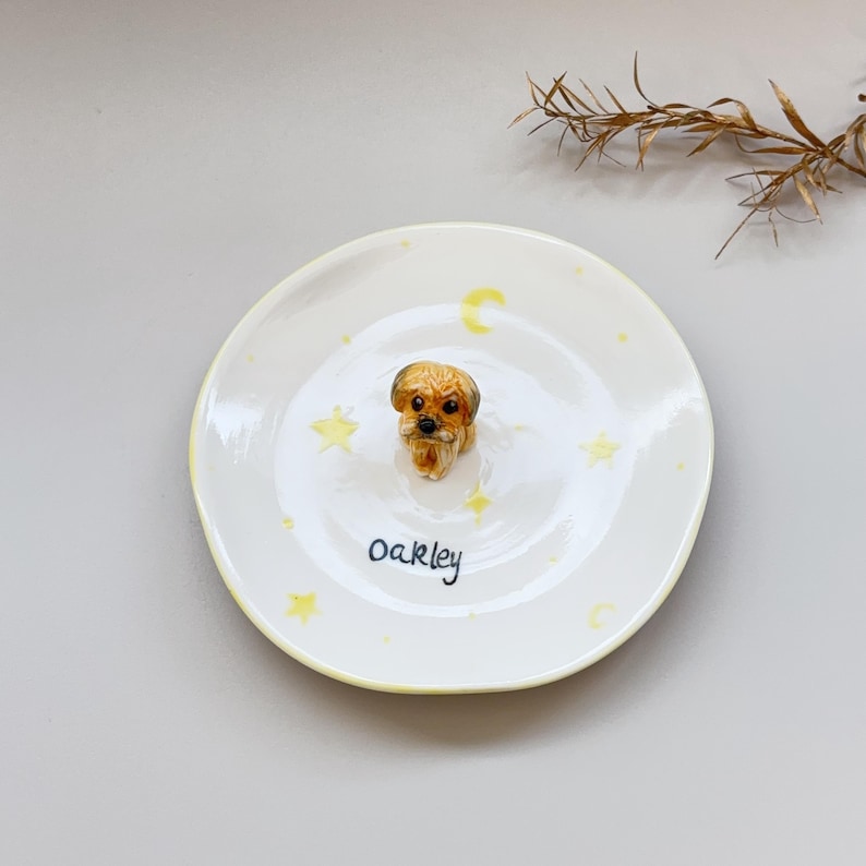 Peut inclure: Une assiette en c&eacute;ramique blanche avec une figurine de chien d&eacute;taill&eacute;e au centre. L'assiette est orn&eacute;e d'&eacute;toiles jaunes et d'un croissant de lune. Le nom "Oakley" est &eacute;crit en script noir.