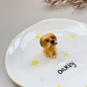 Peut inclure: Une assiette en c&eacute;ramique blanche orn&eacute;e d'&eacute;toiles et de lunes jaunes, avec une figurine de chien d&eacute;taill&eacute;e. Le chien est brun et beige. Le nom "Oakley" est &eacute;crit en noir sur l'assiette.