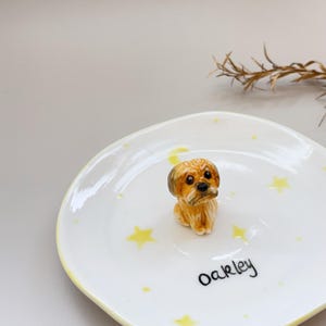 Peut inclure: Une figurine de chien en c&eacute;ramique marron et beige est pos&eacute;e sur une assiette ovale blanche. L'assiette est orn&eacute;e d'&eacute;toiles et de lunes jaunes, avec le nom "Oakley" &eacute;crit en script noir.