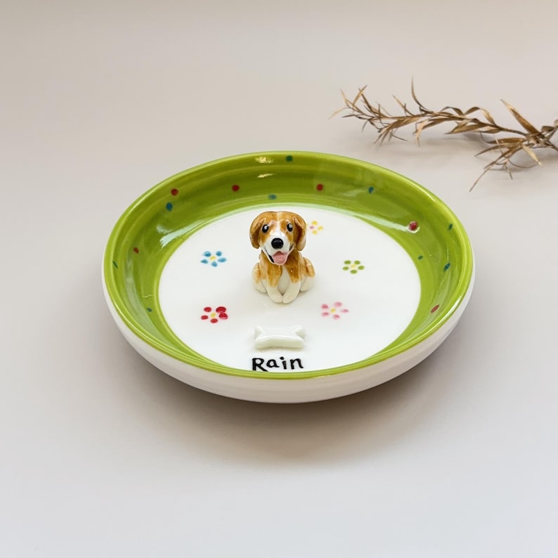 May include: A ceramic dog bowl with a green rim and a white interior. The bowl features a small, brown and white dog figurine in the center, surrounded by colorful flower and dot designs. The name "Rain" is written on the bowl.