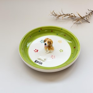 May include: A ceramic dog-themed dish with a green rim and a white interior. The dish features a small, brown and white dog figurine, colorful polka dots, and the word "Rain".