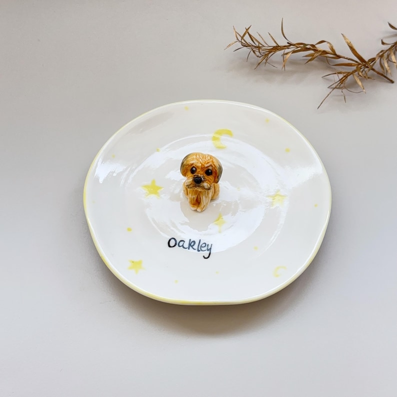 Peut inclure: Une assiette en c&eacute;ramique blanche avec un bord jaune, d&eacute;cor&eacute;e d'&eacute;toiles et de croissants de lune jaunes. Une petite figurine de chien d&eacute;taill&eacute;e est au centre. Le nom "oakley" est &eacute;crit en script noir sur l'assiette.