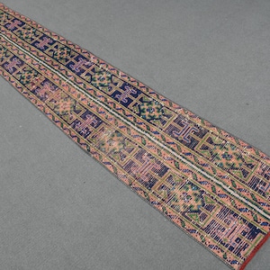 May include: A long, rectangular rug with a repeating geometric pattern. The rug features a central stripe of pink and green, flanked by navy blue and purple borders. The edges are finished with a red border.