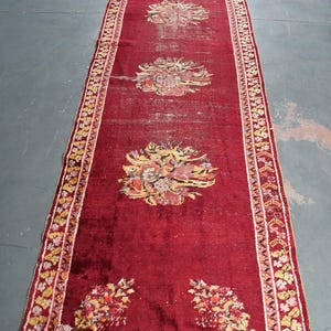Vintage Turkish Runner Rug, Distressed Hallway Rug, Red Wool Area Rug, 3.3x12.7 ft, Antique Handmade Carpet, Floral Pattern Rug, Home Decor