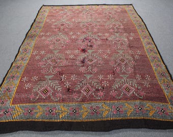 Vintage Kilim, Turkish Kilim, Large Kilim, Antique Oushak Kilim, Rugs For Dining Room, 5.9x8.7 ft Pink Kilim, Handwoven Embroidered Kilim,
