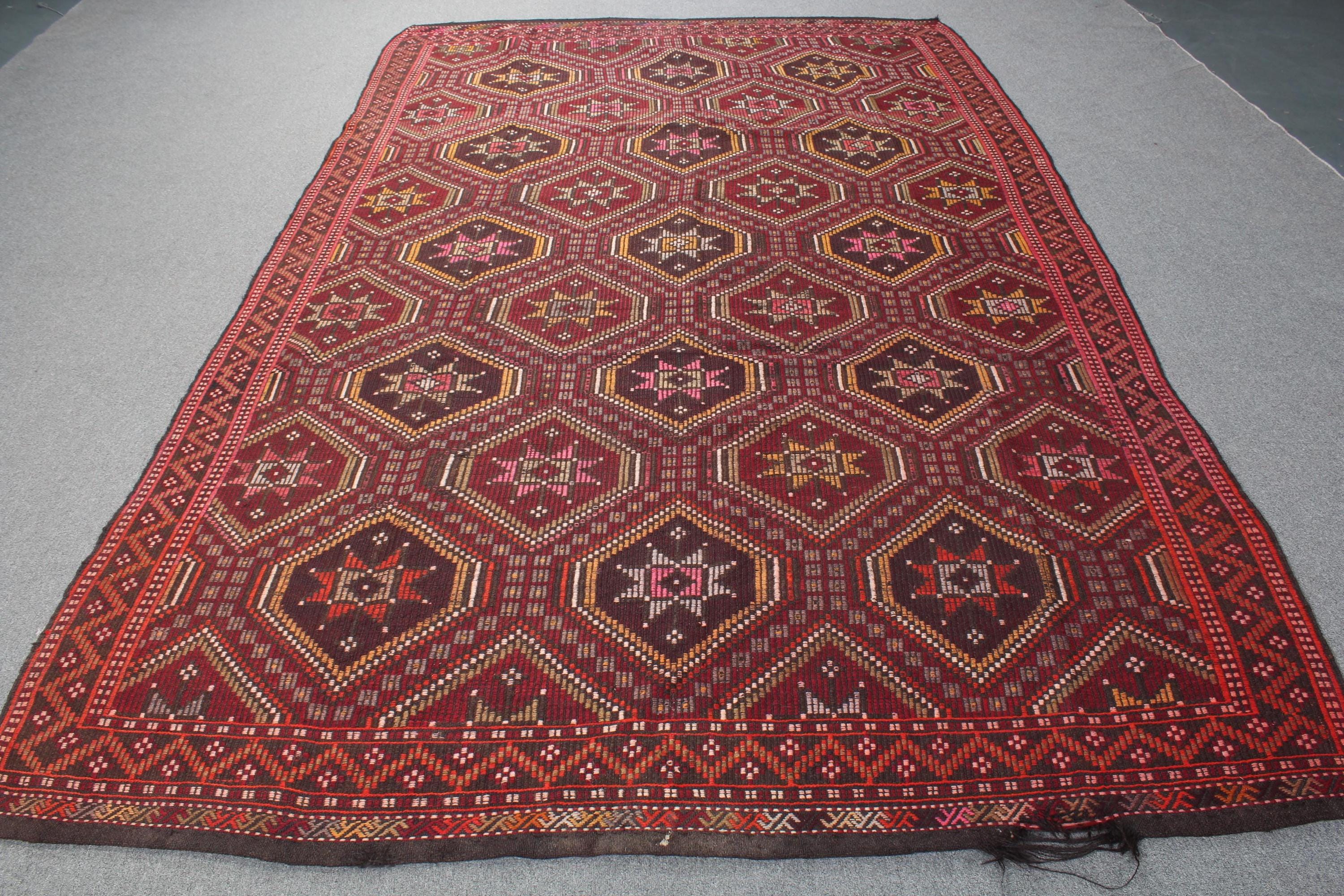 Large Vintage Kilim, Embroidered Turkish Kilim, Anatolian Kilim, Rugs For Salon, 6.2x10.5 ft Brown Kilim, Kilim With Geometric Pattern