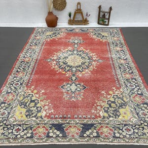 9.4x13.4 ft Turkish Rug, Red Patchwork Vintage Wool Rug