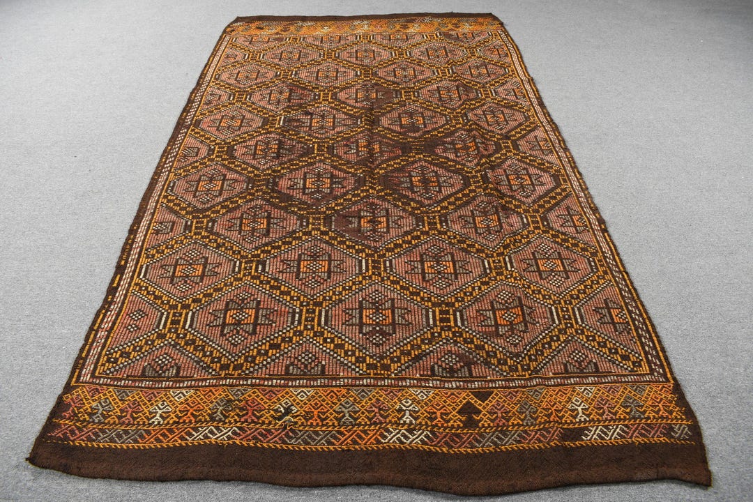 5.1x9.2 Ft Vintage Turkish Rug, Large Rug, Brown Kilim Southwestern Rug ...