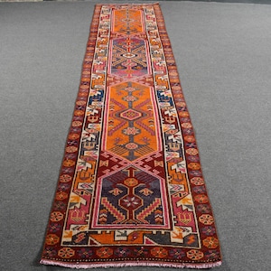 Alfombra Herki, Alfombra Turca, Alfombras de Pasillo de 3x12, Alfombra Vintage, Alfombra Anatolia Antigua, Alfombras para Pasillo, Alfombra Roja de 2.6x11.9 pies, Alfombra Turca Tejida a Mano