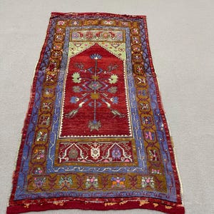 Accent Rug, Vintage Rug, Turkish Prayer Rug, Distressed Rug, Anatolian Rug, Rugs For Gift, 3x5.8 ft Red Rug, Antique Wool Rug, Islamic Rug,