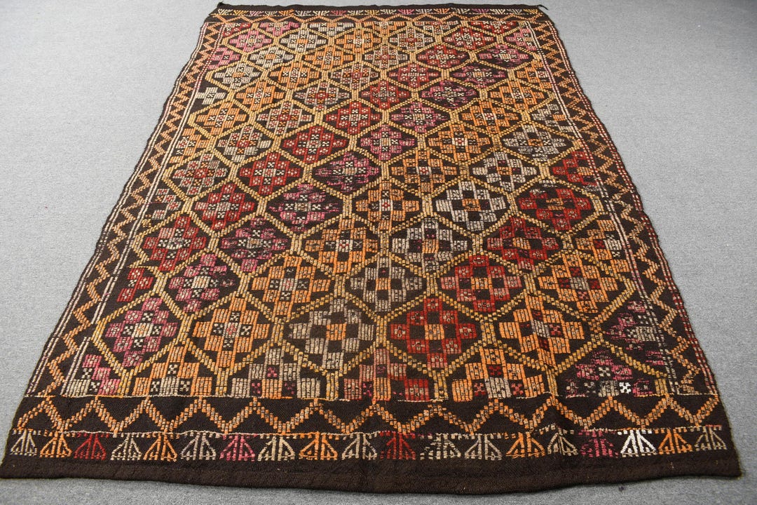 Vintage Kilim Rug 5.8x8.6 Ft (177x262 Cm), Brown Abstract Turkish Rug ...