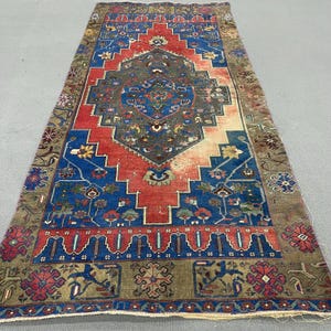 Vintage Rug, Turkish Rug, Large Oushak Rug, Distressed Anatolian Rug, Rugs For Bedroom, 4.8x11 ft Blue Rug, Hand-Knotted Oriental Rug,