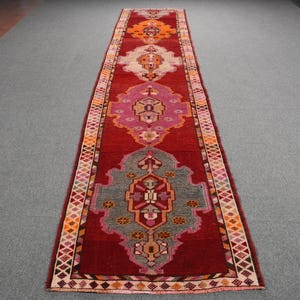 Turkish 3x14.2 ft Rug, Herki Vintage Rug, Red Patchwork Rug Wool