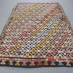 Large Kilim, Turkish Kilim, Vintage Kilim, Anatolian Kilim, Rugs For Salon, 5.4x8.9 ft Brown Kilim, Embroidered Oushak Kilim, Vintage Decor