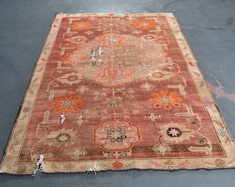 Tapijt van 6,4 x 8,9 ft, vintage Turks tapijt, rood massief wollen tapijt