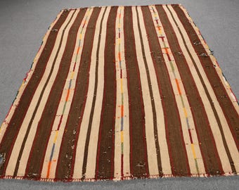 Vintage Turkish Kilim, Striped Flat Weave Carpet, 5x8ft, Earthy Tones, Rustic Decor, Handwoven Wool Rug