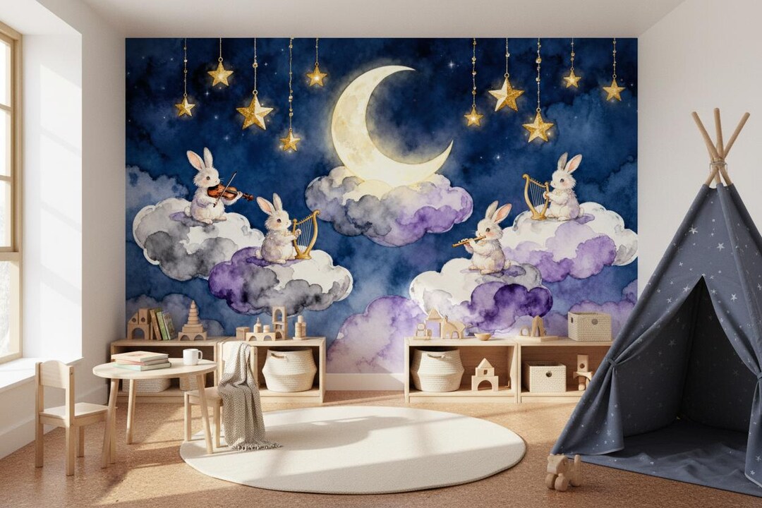 Dreamy Bunny & Celestial Moon Stars Wall Mural, Watercolor Rabbits on ...