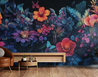 Puede incluir: Un vibrante mural floral con una variedad de flores coloridas en tonos de rosa, naranja, morado y azul. Las mariposas revolotean entre las flores. La escena incluye un sillón de cuero marrón, un mueble de madera y una pequeña mesa redonda.
