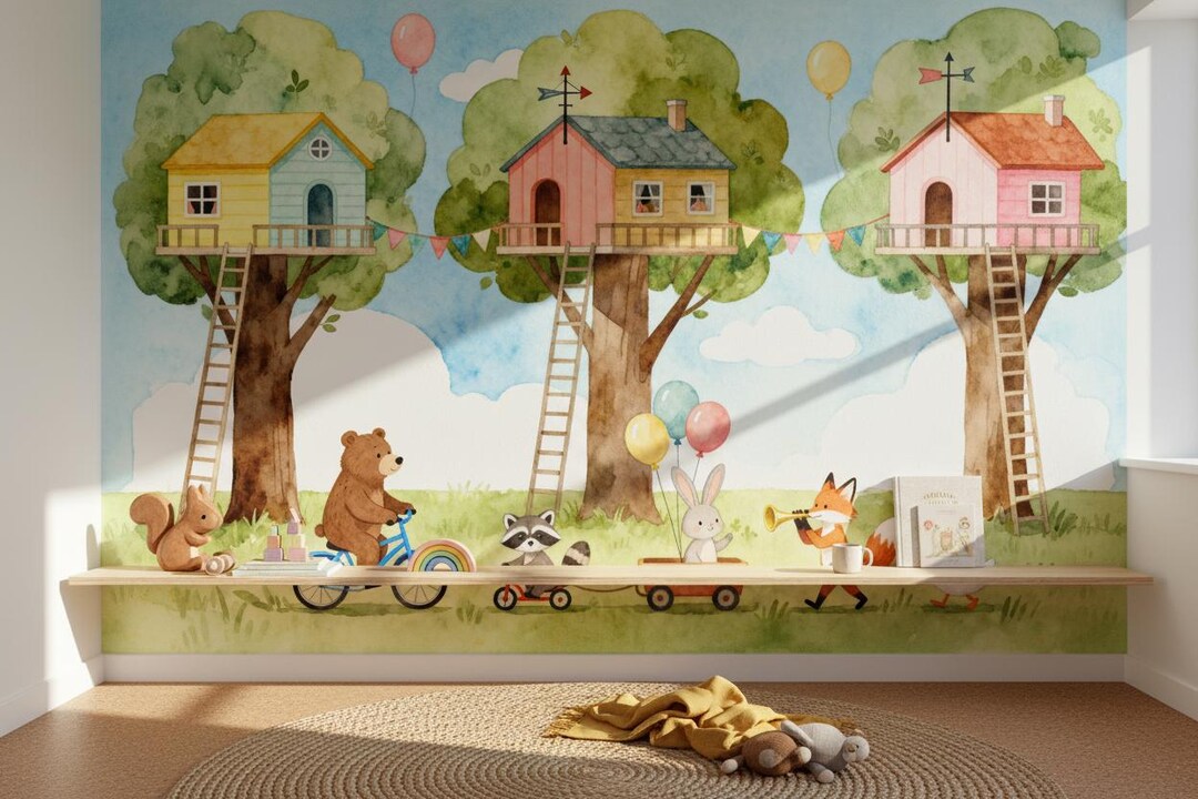 Woodland Animals Peel and Stick Wallpaper Nursery Treehouse Wall Mural ...