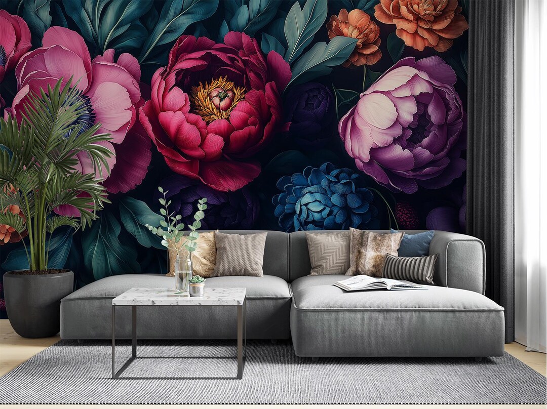 Dark Floral Wallpaper Mural – Bold Peony & Anemone Wall Art, Moody ...