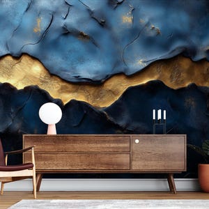 Lussuosa decorazione murale astratta blu e oro - Opera d'arte strutturata - Elegante e moderna decorazione per la casa - Pezzo forte per soggiorno e ufficio