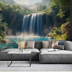 Tropical Waterfall Wallpaper Mural – Jungle Nature Wall Art, Exotic Paradise Landscape, Spa Bathroom or Living Room Decor