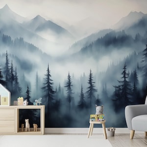 Misty Forest Wall Mural – Foggy Mountain Woodland Wallpaper, Peel & Stick Nature Decor for Bedroom or Office