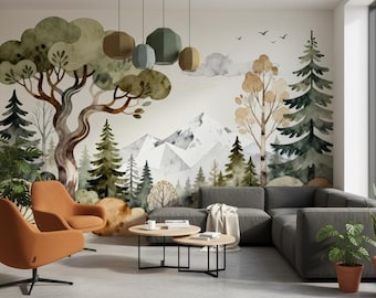 Watercolor Forest Peel And Stick Wallpaper Green Mountain Mural For Nursery