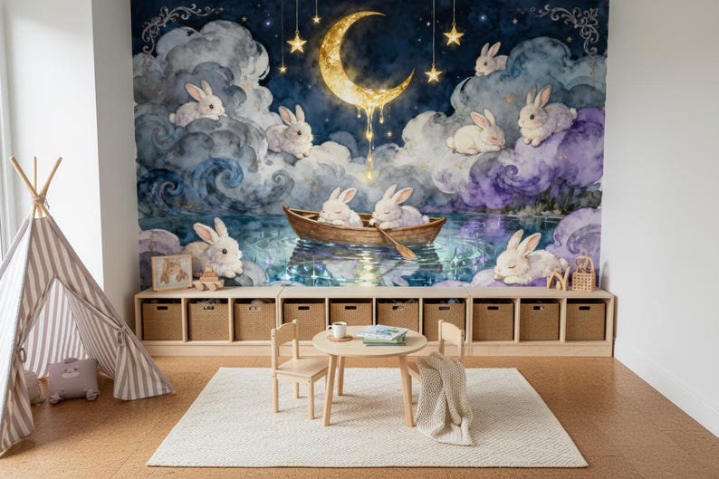 Whimsical Moon Bunny Peel and Stick Wallpaper Celestial Nursery Wall ...