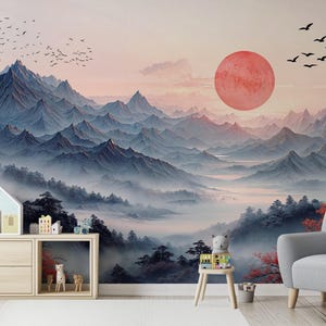 Carta da parati con paesaggio giapponese / Montagne nebbiose e sole rosso / Autoadesiva o tradizionale / Arte murale asiatica