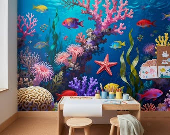 Vibrant Underwater Coral Reef Wallpaper For Kids Room Peel And Stick Non Woven Mural