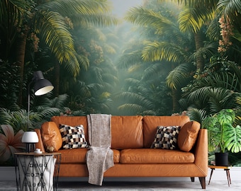 May include: A living room scene featuring a brown leather sofa with patterned throw pillows and a blanket. A black lamp and side table are on the left. The backdrop is a lush, green jungle mural, creating a tropical ambiance.