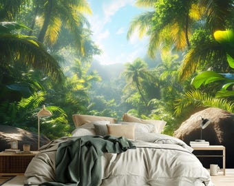May include: A bedroom scene featuring a bed with a light-colored comforter and pillows. A green blanket is draped over the bed. The backdrop is a vibrant mural of a lush tropical rainforest with palm trees and sunlight.