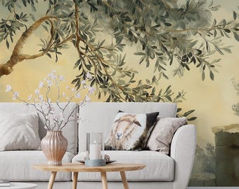 Olive Tree Wallpaper Mural: Vintage Mediterranean Landscape Wall Art